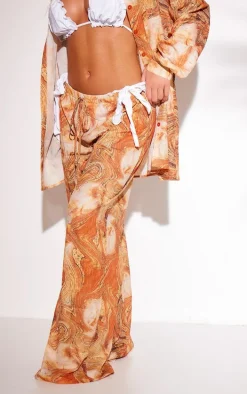 Orange Marble Print Wide Leg Crinkle Textured Beach Pants