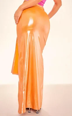 Orange Metallic Drape Front Maxi Skirt