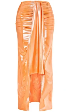 Orange Metallic Drape Front Maxi Skirt