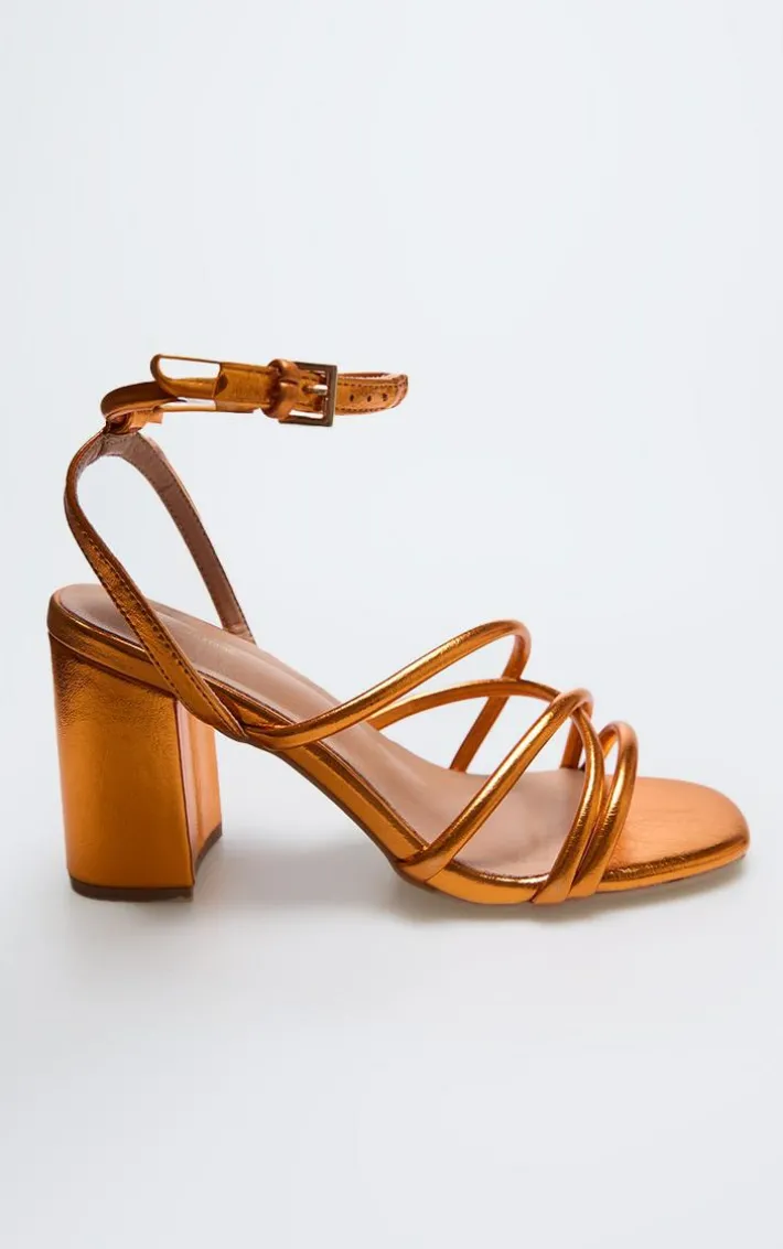 Orange Metallic Pu Round Toe Multi Strap Block Heeled Sandals