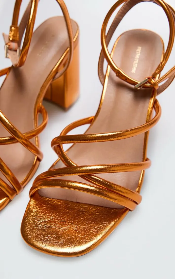 Orange Metallic Pu Round Toe Multi Strap Block Heeled Sandals