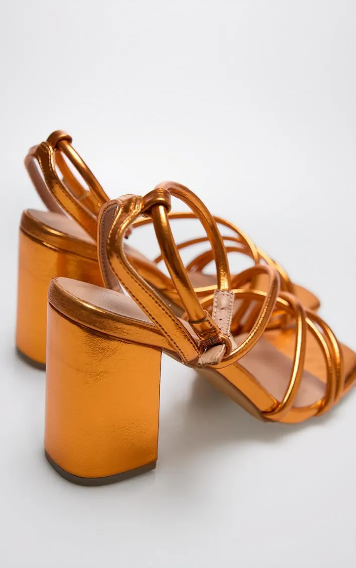 Orange Metallic Pu Round Toe Multi Strap Block Heeled Sandals
