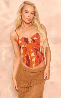 Orange Mosaic Print Linen Look Corset