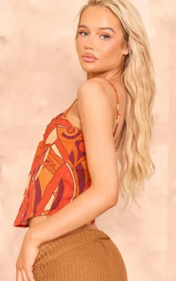 Orange Mosaic Print Linen Look Corset