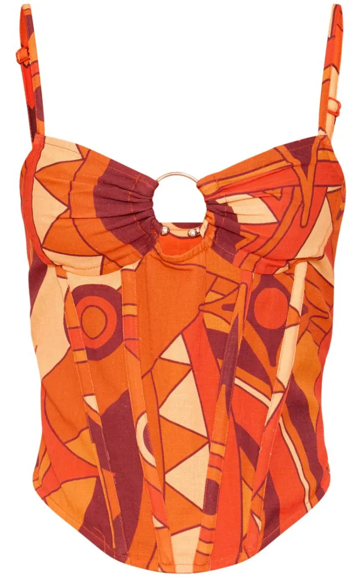 Orange Mosaic Print Linen Look Corset