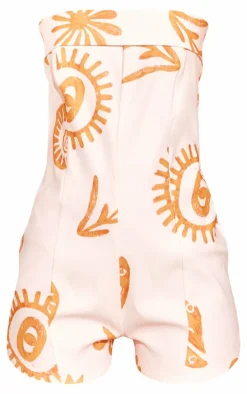 Orange Mozaic Printed Stretch Woven Fold Edge Bandeau Romper