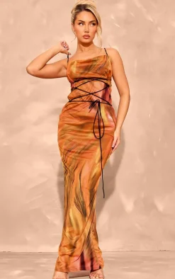 Orange Multi Printed Mesh Cowl Neck Maxi Dress