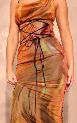 Orange Multi Printed Mesh Cowl Neck Maxi Dress