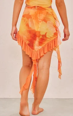Orange Ombre Flower Print Frill Mesh Beach Skirt