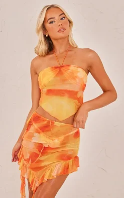 Orange Ombre Flower Print Frill Mesh Beach Skirt