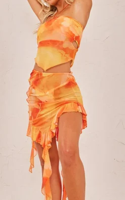 Orange Ombre Flower Print Frill Mesh Beach Skirt