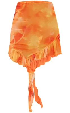 Orange Ombre Flower Print Frill Mesh Beach Skirt