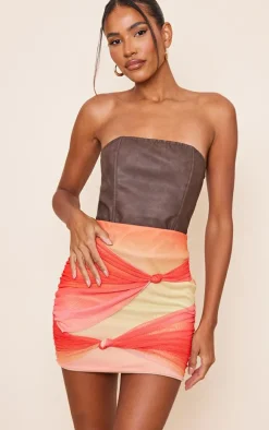 Orange Ombre Print Chiffon Double Knot Front Mini Skirt