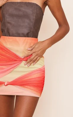 Orange Ombre Print Chiffon Double Knot Front Mini Skirt