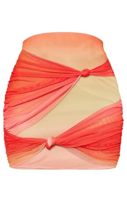 Orange Ombre Print Chiffon Double Knot Front Mini Skirt