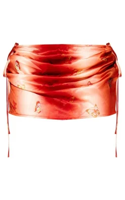 Orange Ombre Satin Butterfly Print Skirt