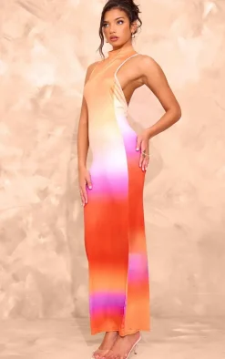 Orange Ombre Slinky Asymmetric Back Cut Out Sleeveless Maxi Dress