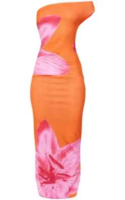 Orange Onion Skin One Shoulder Orchid Print Maxi Dress