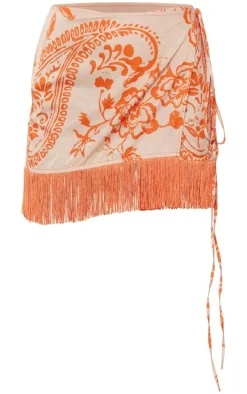 Orange Paisley Print Tassel Hem Wrap Mini Skirt