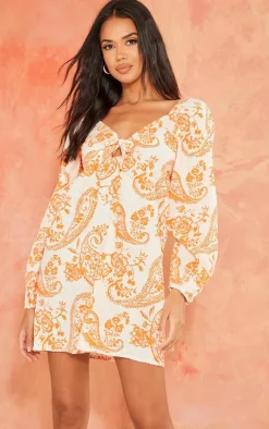 Orange Paisley Print Tie Front Bardot Shift Dress