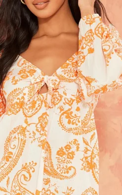 Orange Paisley Print Tie Front Bardot Shift Dress