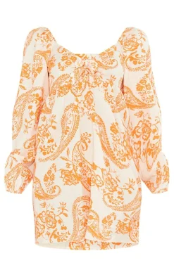 Orange Paisley Print Tie Front Bardot Shift Dress