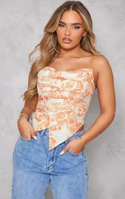 Orange Paisley Print Woven Asymmetric Pointed Hem Corset
