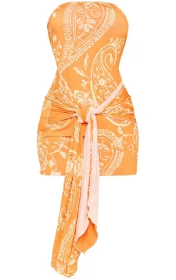 Orange Paisley Slinky Wrap Drape Bandeau Bodycon Dress