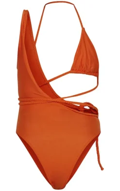 Orange Plait Detail Asymmetric Swimsuit
