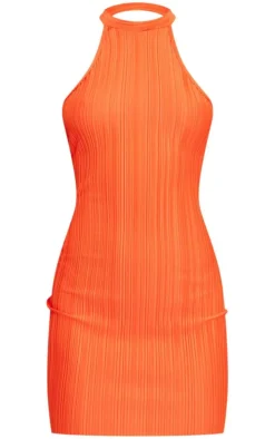 Orange Plisse High Neck Backless Shift Dress