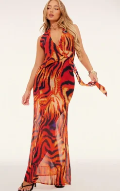 Orange Print Chiffon Wrap Maxi Dress