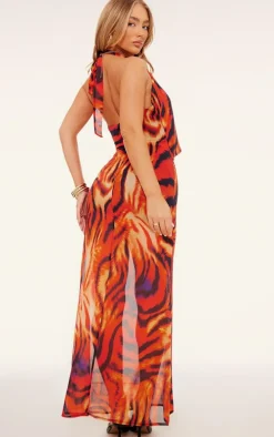 Orange Print Chiffon Wrap Maxi Dress