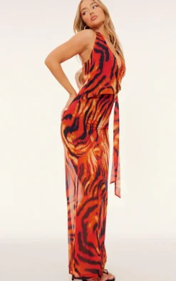 Orange Print Chiffon Wrap Maxi Dress