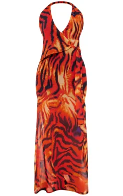 Orange Print Chiffon Wrap Maxi Dress