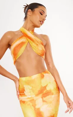 Orange Print Plisse Cross Over Halterneck Top
