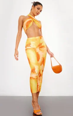Orange Print Plisse Cross Over Halterneck Top