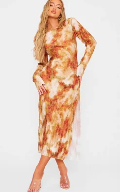 Orange Print Plisse Long Sleeve Split Detail Midi Dress
