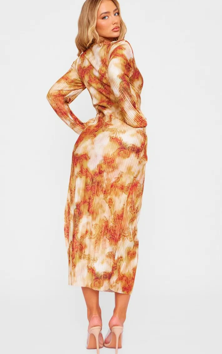 Orange Print Plisse Long Sleeve Split Detail Midi Dress
