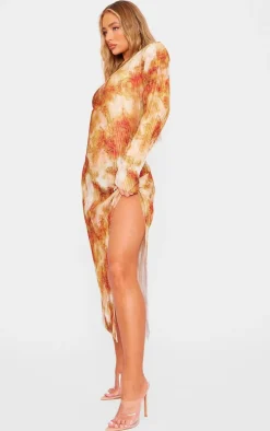 Orange Print Plisse Long Sleeve Split Detail Midi Dress