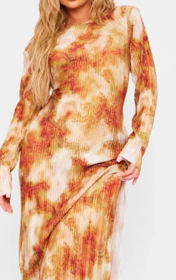 Orange Print Plisse Long Sleeve Split Detail Midi Dress