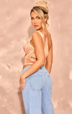 Orange Printed Crinkle Mesh Tie Side Crop Top