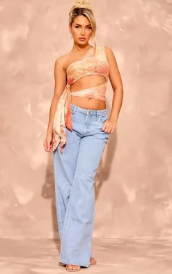 Orange Printed Crinkle Mesh Tie Side Crop Top