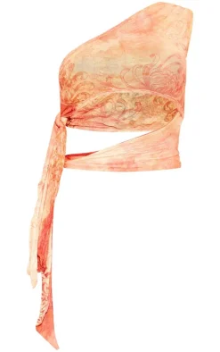 Orange Printed Crinkle Mesh Tie Side Crop Top