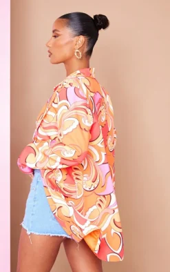 Orange Printed Double Breasted Flap Pocket Oversized Blazer