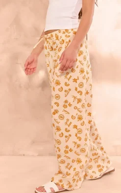 Orange Printed Drawstring Waist Straight Leg Pants