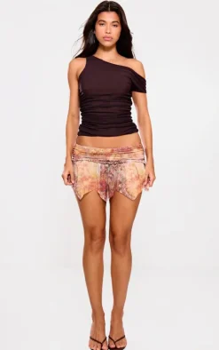 Orange Printed Frill Detail Asymmetric Hem Lined Mesh Mini Skirt