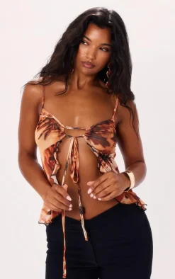 Orange Printed Ruched Front Split Hem Crop Top