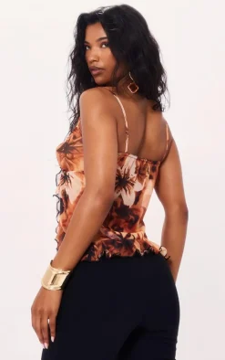 Orange Printed Ruched Front Split Hem Crop Top