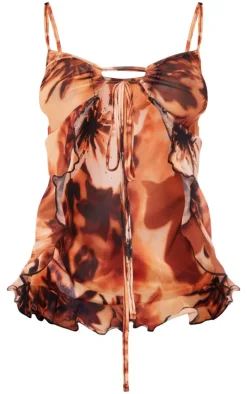 Orange Printed Ruched Front Split Hem Crop Top