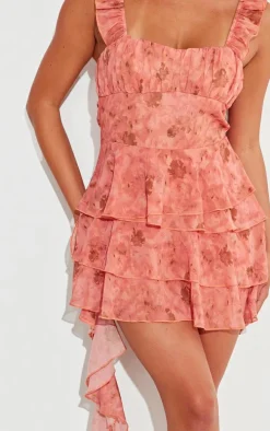 Orange Printed Ruffle Detail Chiffon Frilly Skort Romper